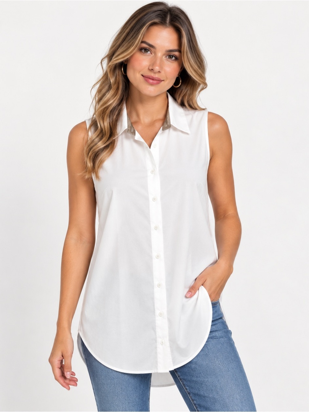 Lafayette 148 New York Sleeveless Button-Down Shirt - White